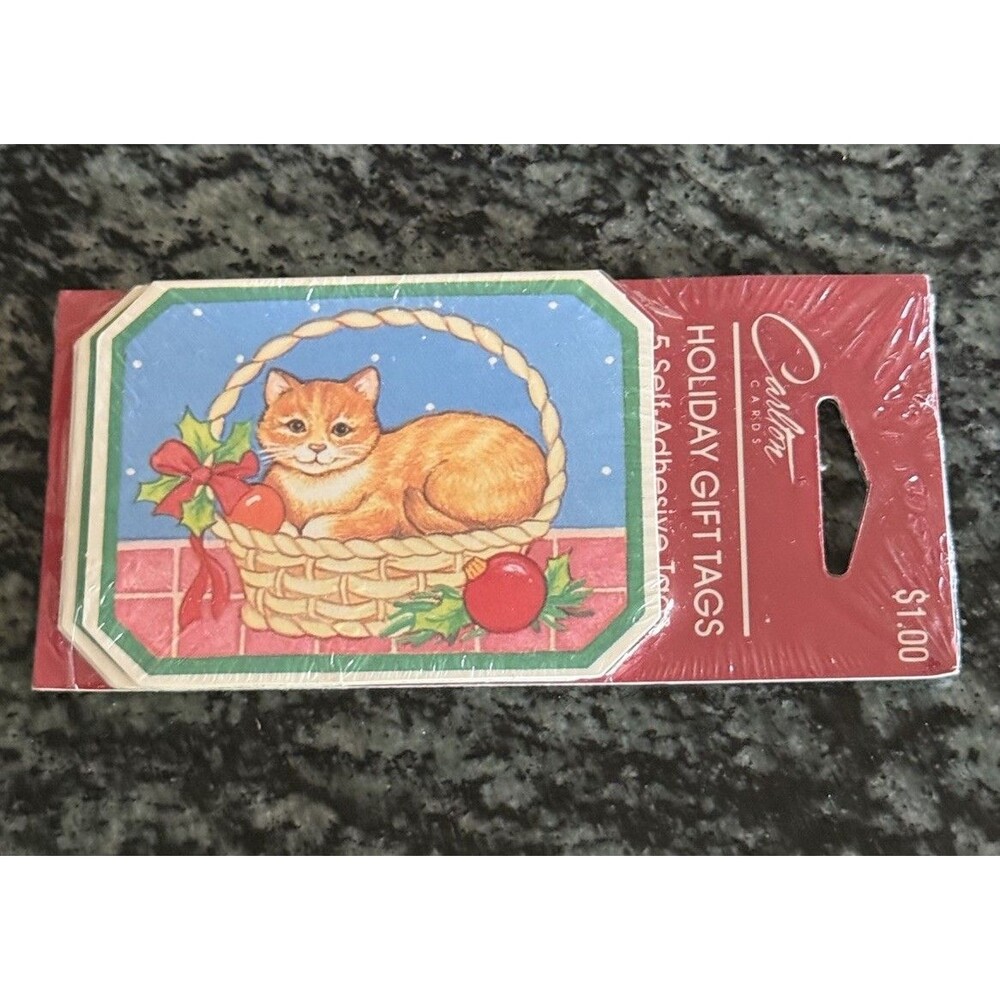 Vintage lot of 5 CHRISTMAS KITTEN in BASKET Self Stick Gift Tags Carlton Cards
